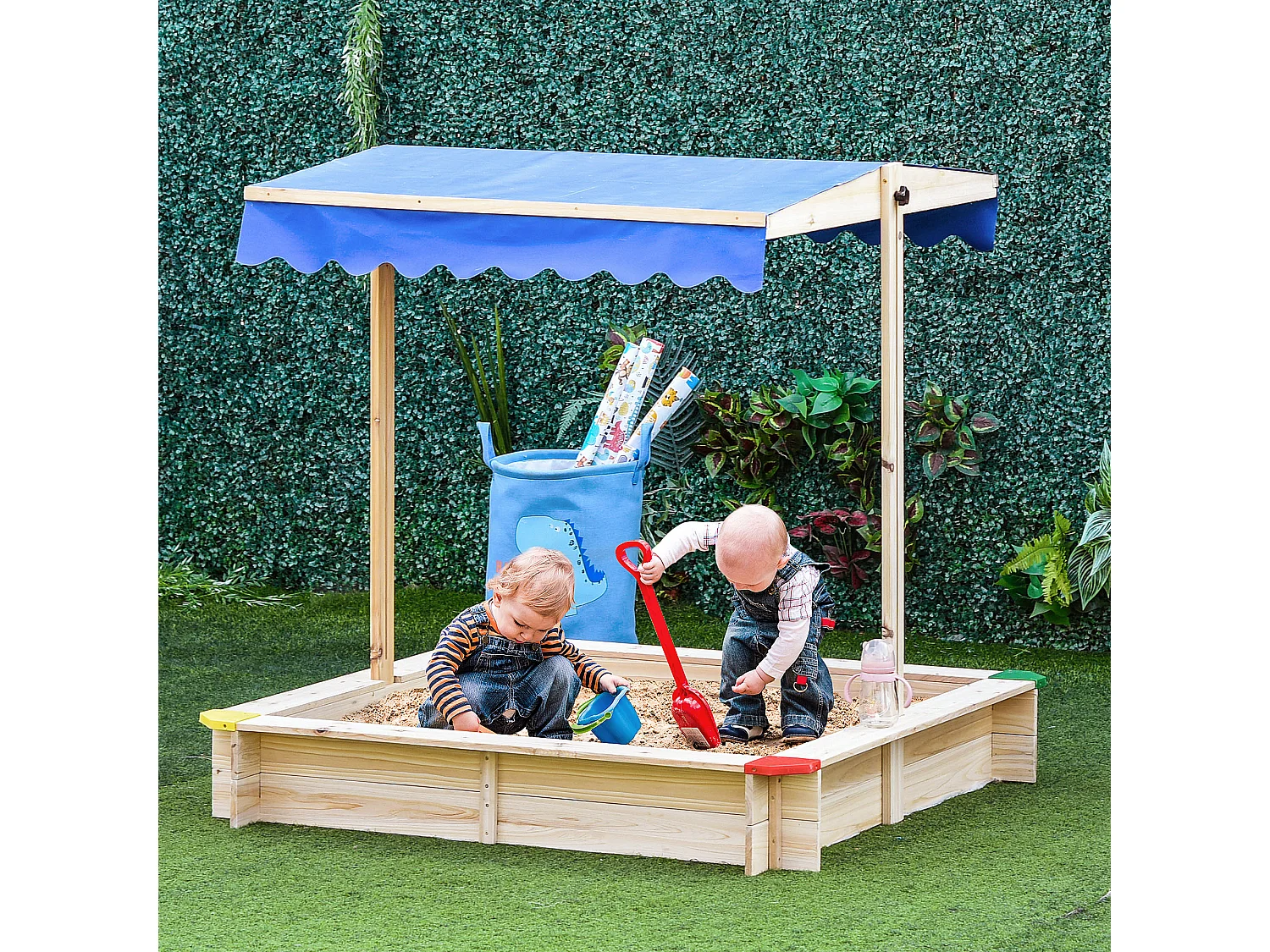 Arenero para niños madera natural, azul 120x120x120 cm Outsunny