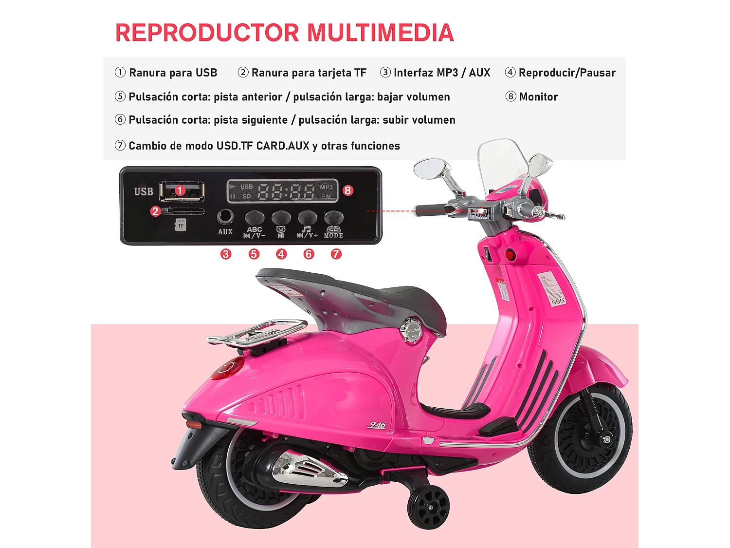 Moto eléctrica rosa 108 x 49 x 75 cm HOMCOM