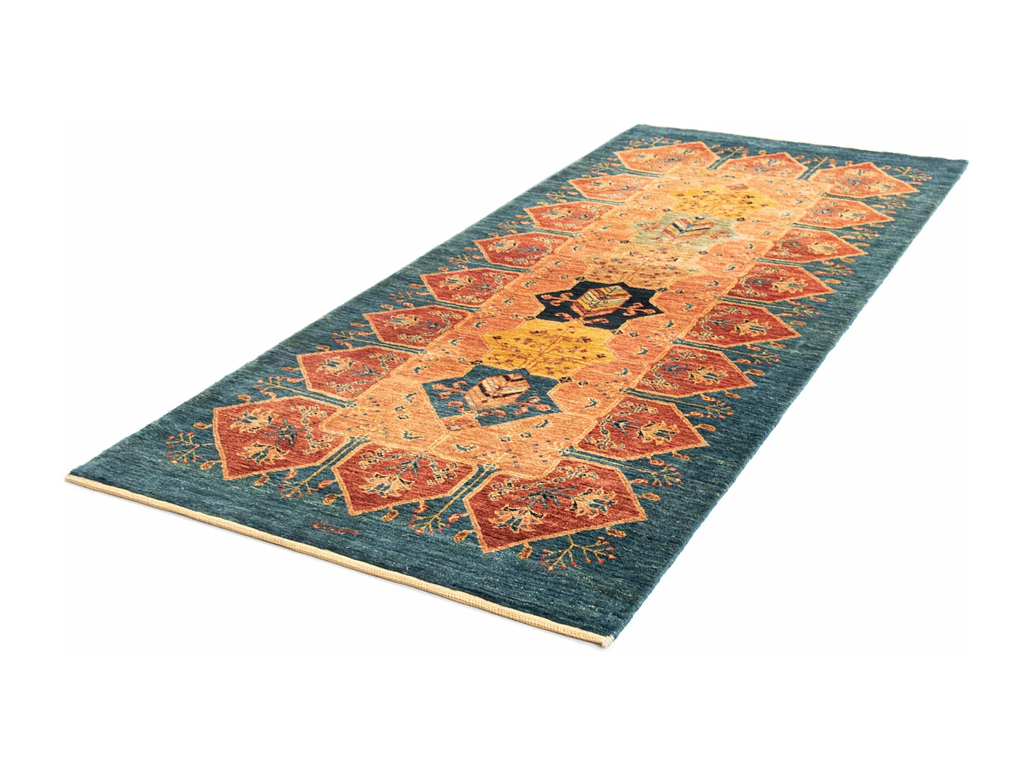 Läufer-Wollteppich 94x212 Blau Kashkuli