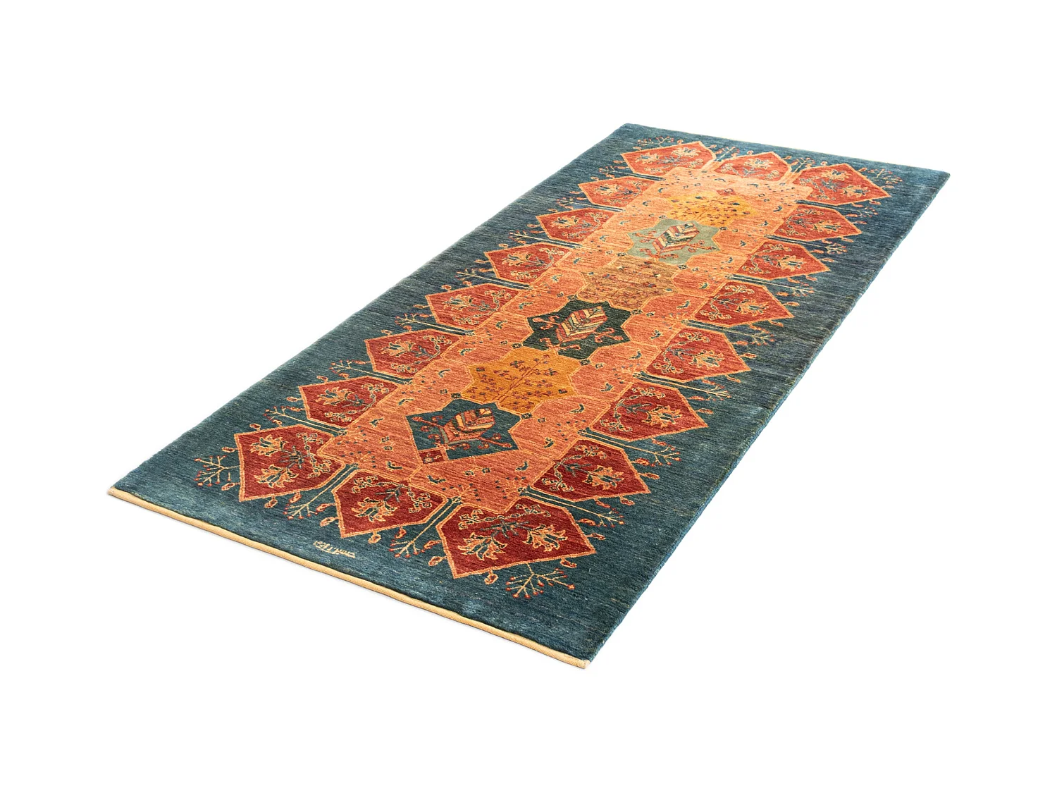 Läufer-Wollteppich 94x208 Blau Kashkuli