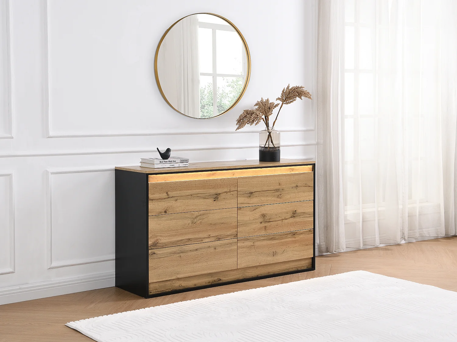 Commode 6 tiroirs - Avec LEDs - MDF - Coloris : Naturel et noir - RUKALO