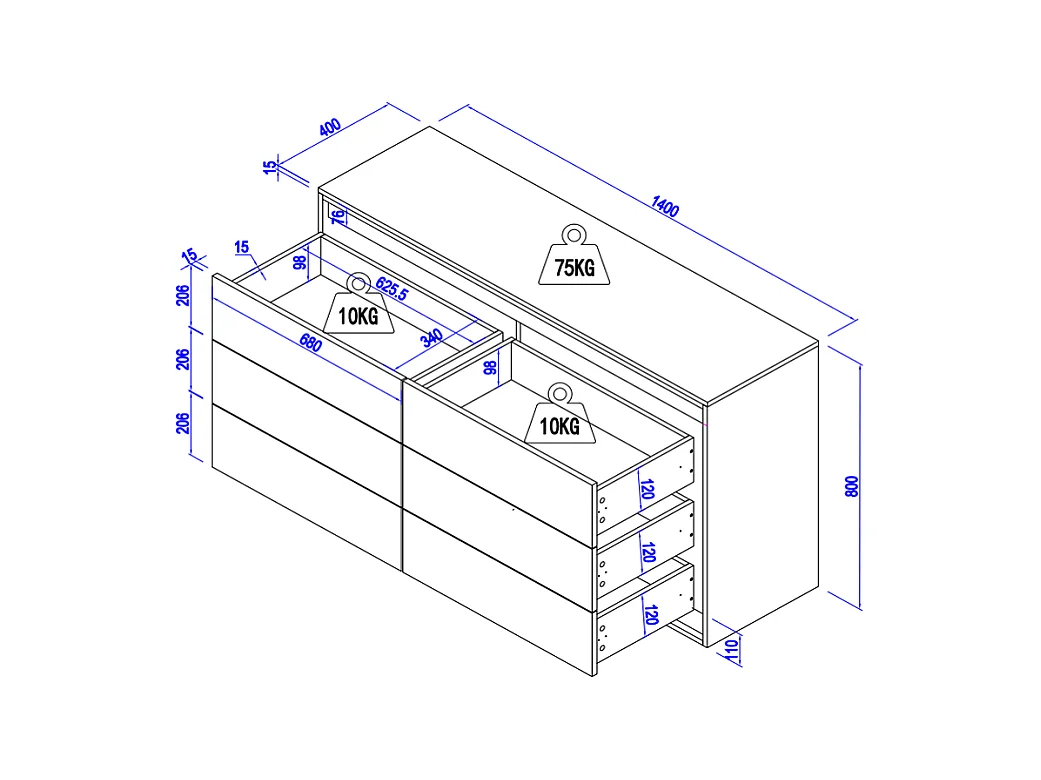 Cómoda 6 gavetas com LEDs em MDF cor natural e preto - RUKALO