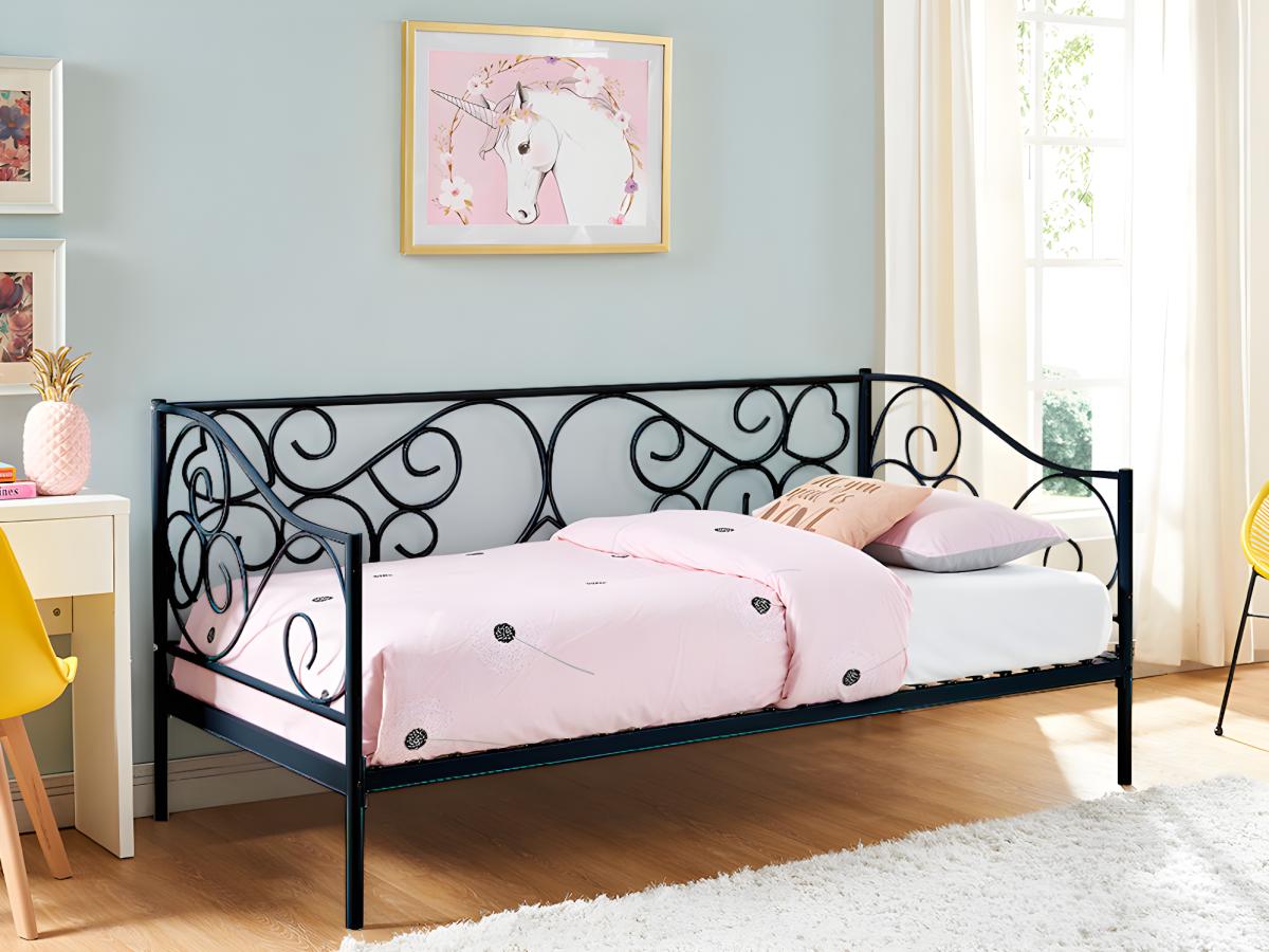 Cama banco 90 x 200 cm de metal negro con somier y colchón VIVIAN