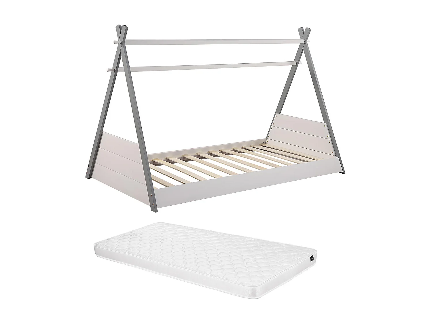 Lit tipi 90 x 190 cm - Pin - Coloris : Blanc et gris + Matelas - SIOUX