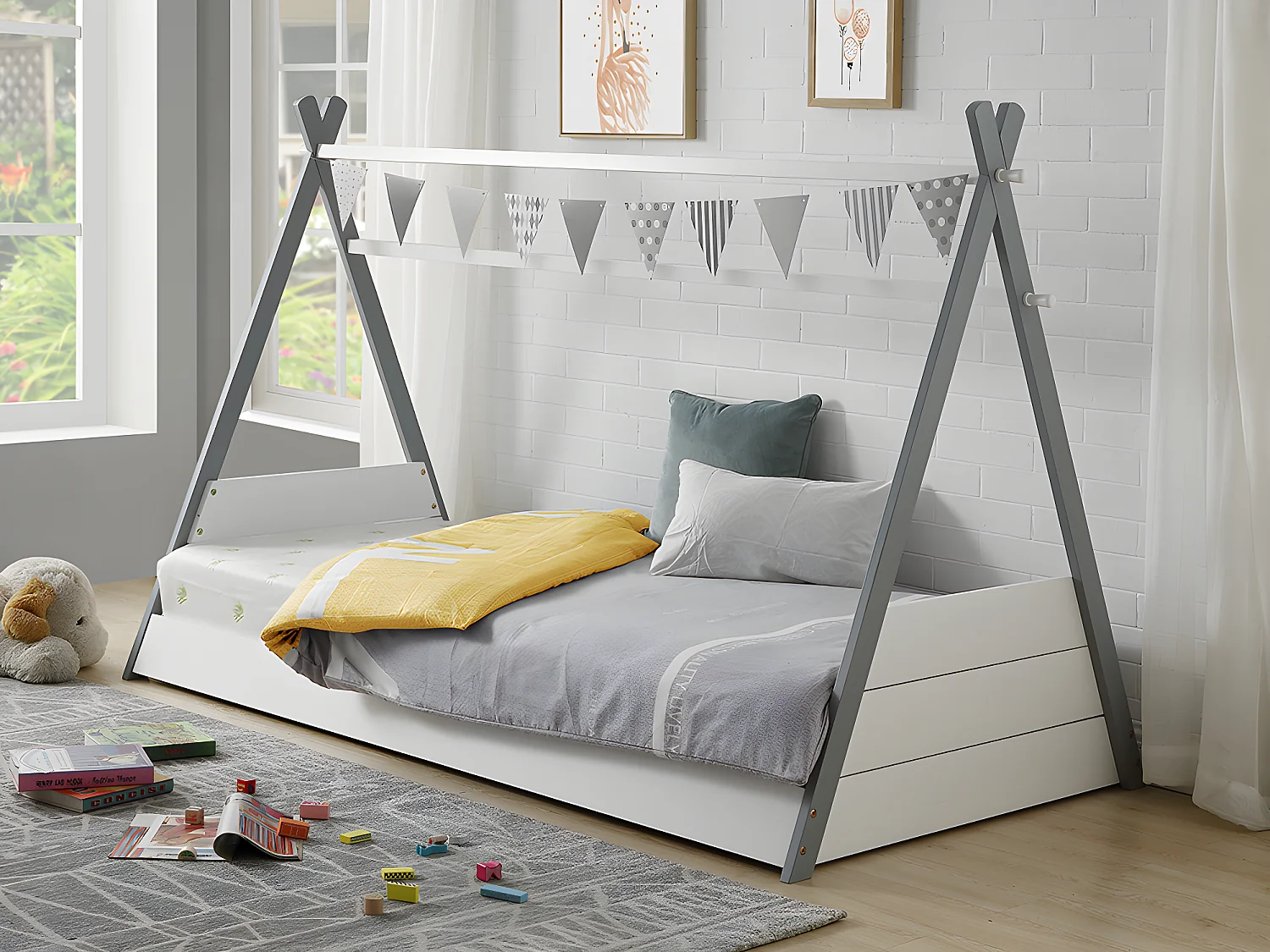 Lit tipi 90 x 190 cm - Pin - Coloris : Blanc et gris + Matelas - SIOUX
