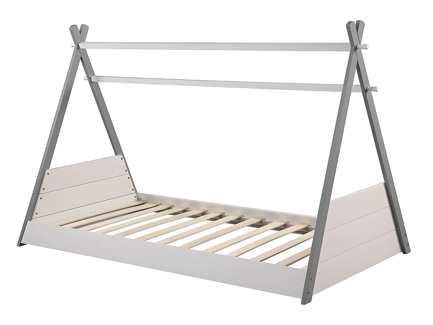 Lit tipi 90 x 190 cm - Pin - Coloris : Blanc et gris + Matelas - SIOUX