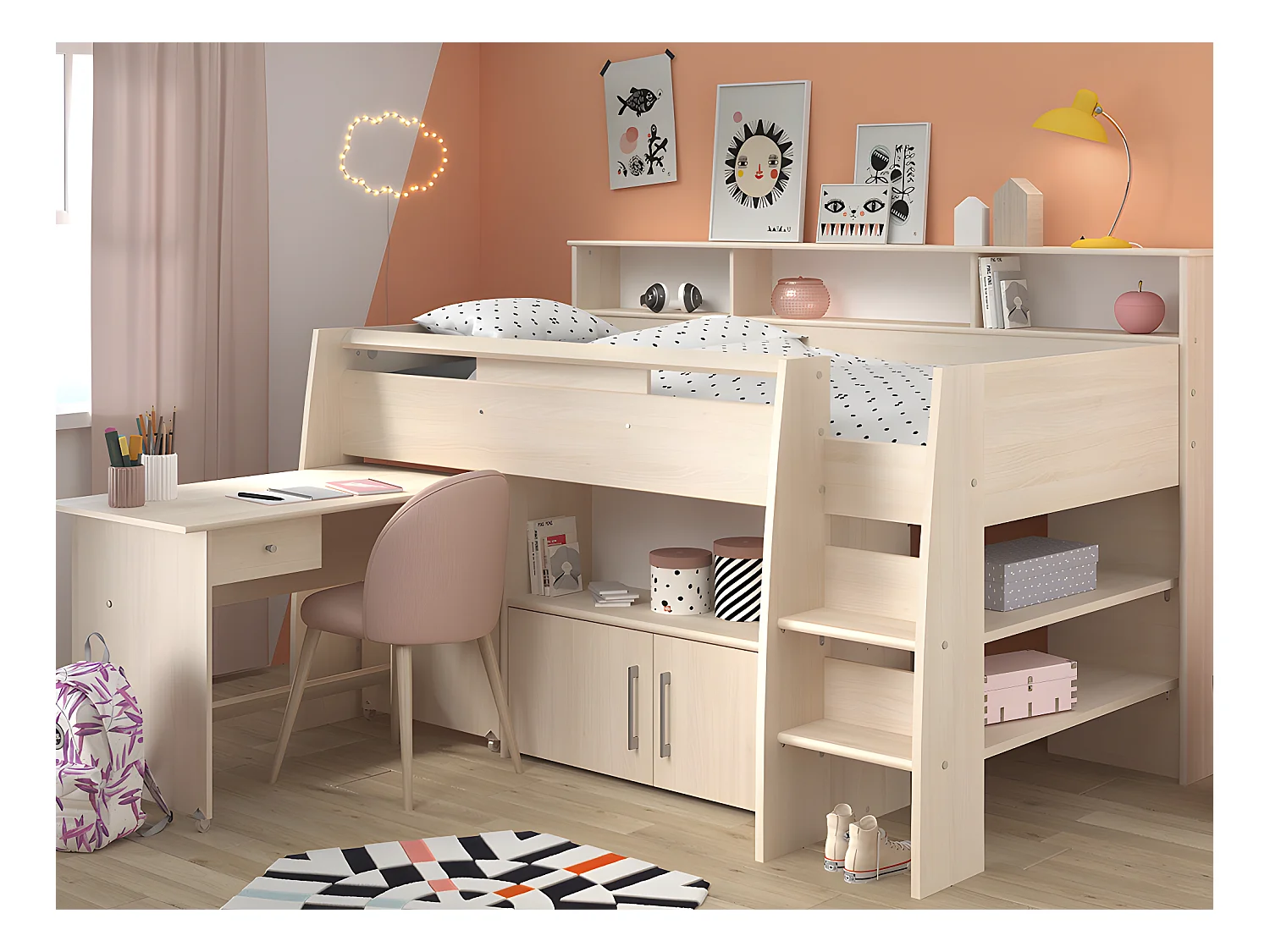 Lit combiné APOLINE - Avec Bureau et rangements - 90 x 200 cm - Coloris : Chêne + matelas