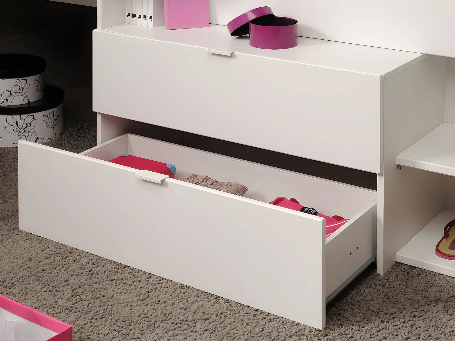 Letto con scrivania e vani portaoggetti inclusi 90 x 190/200 cm Bianco e naturale + materasso + rete GISELE