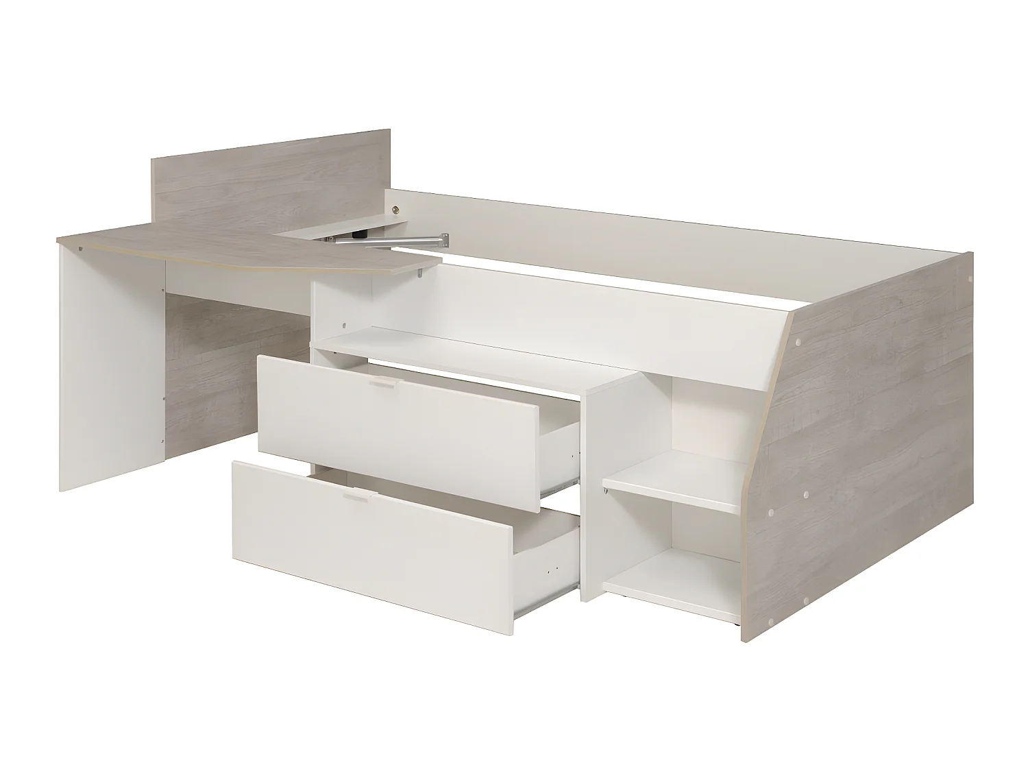 Kinderbed met bureau, opbergruimte, matras en bedbodem - Wit & eiken - 90 x 200 cm - GISELE