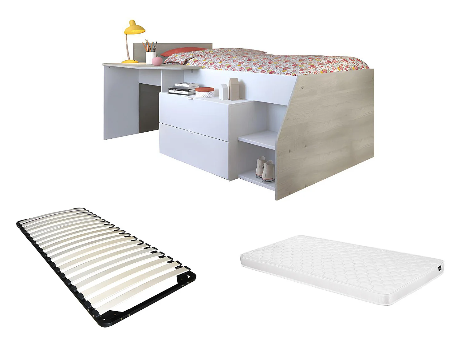Kinderbed met bureau, opbergruimte, matras en bedbodem - Wit & eiken - 90 x 200 cm - GISELE