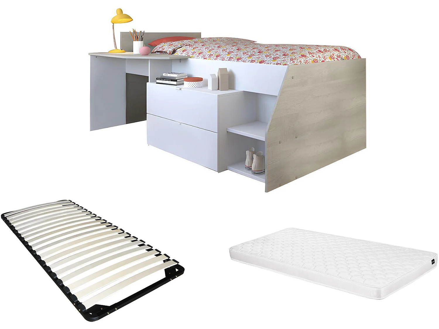 Lit avec bureau et rangements - 90 x 190/200 cm - Blanc et naturel + Sommier + Matelas - GISELE