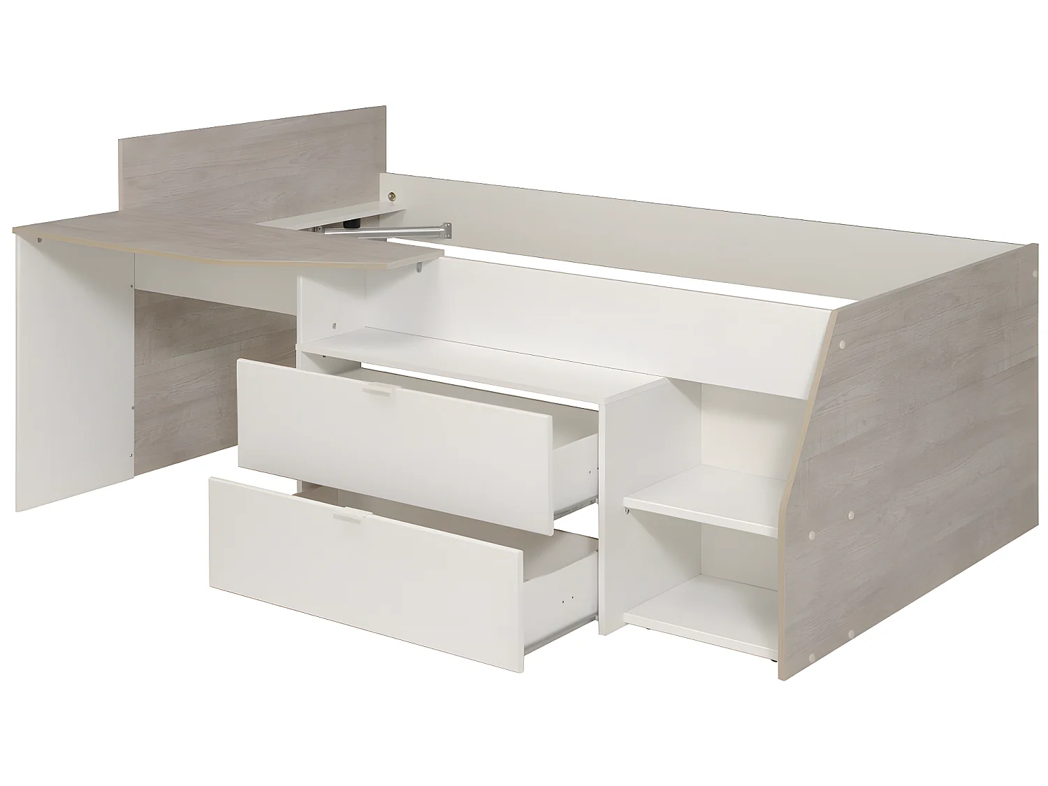 Lit avec bureau et rangements - 90 x 190/200 cm - Blanc et naturel + Sommier + Matelas - GISELE