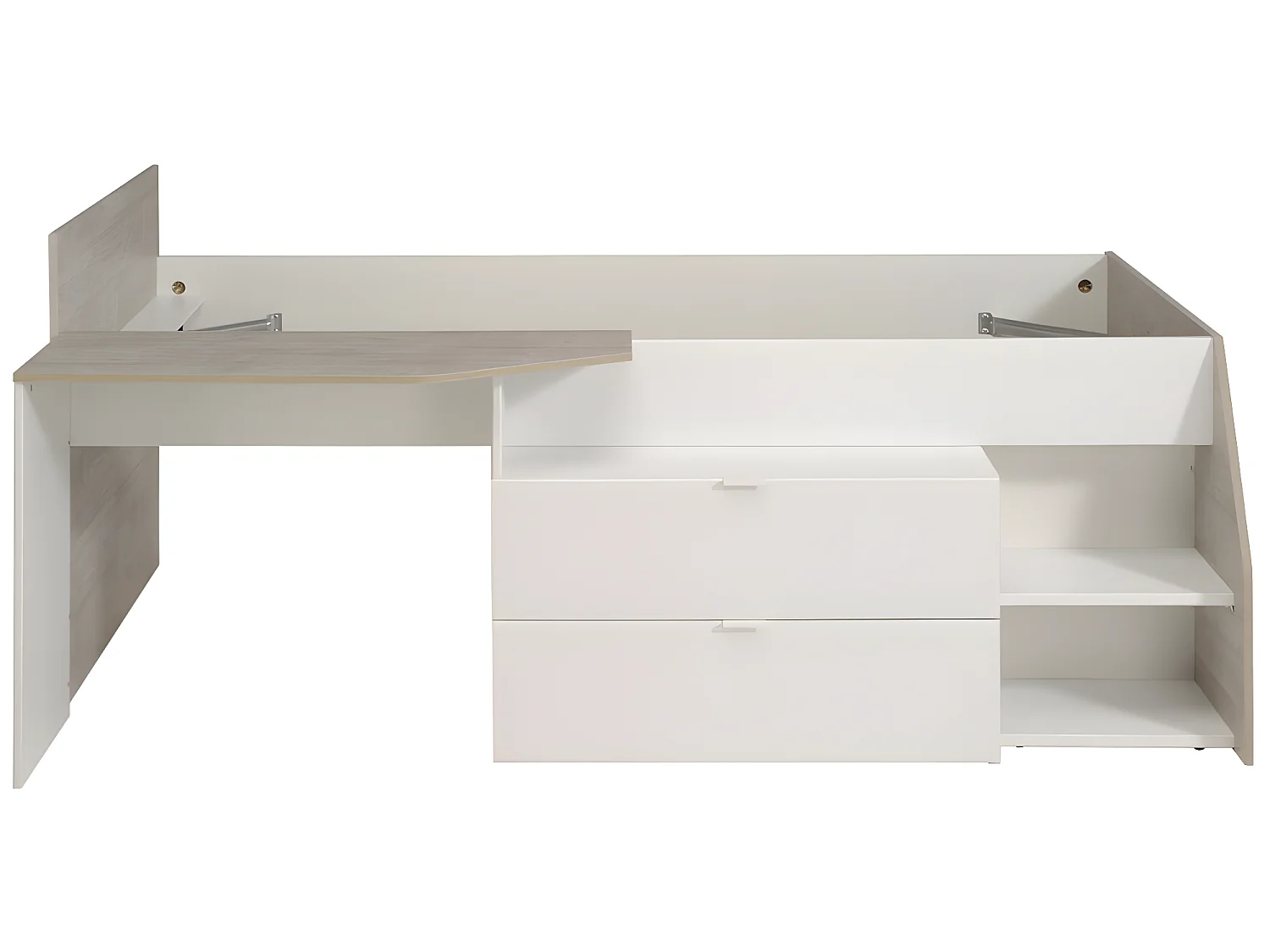 Lit avec bureau et rangements - 90 x 190/200 cm - Blanc et naturel + Sommier + Matelas - GISELE