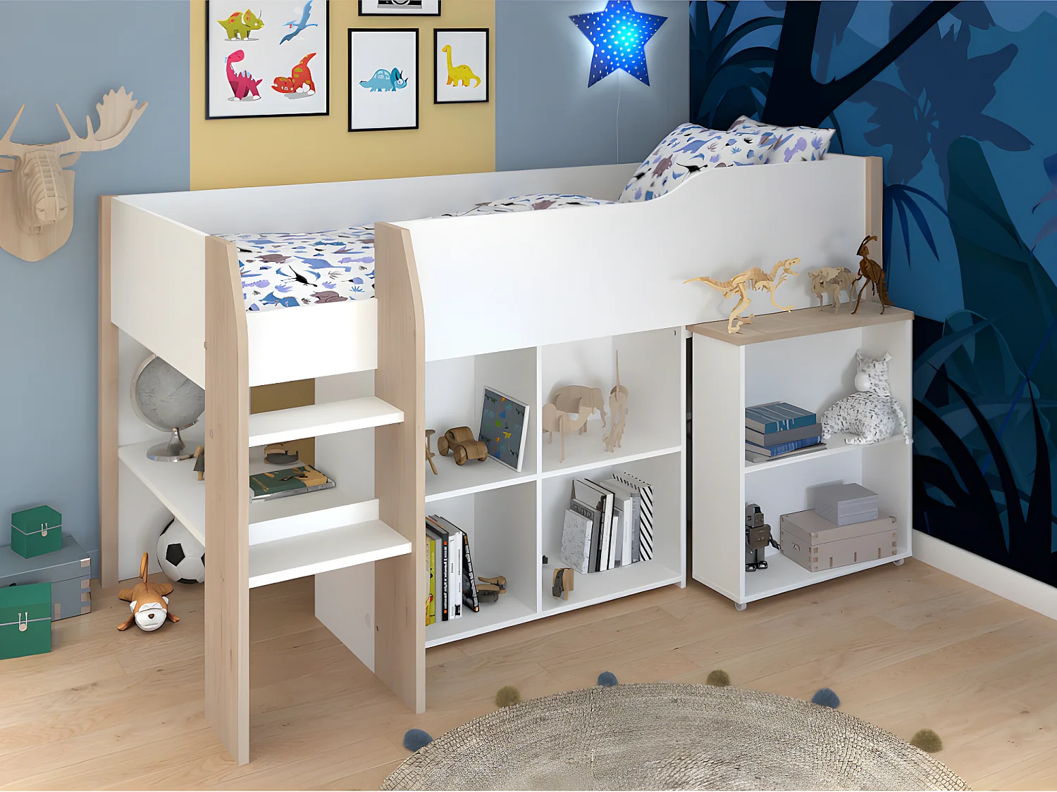 Lit combiné MARIA - Avec bureau et rangements - 90 x 200 cm - Coloris : blanc et chêne + matelas