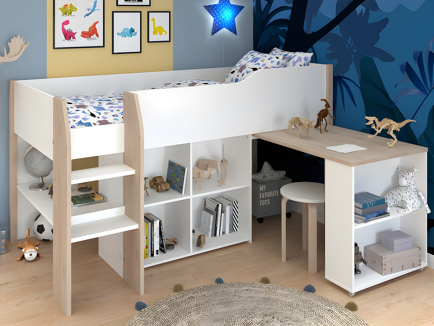 Lit combiné MARIA - Avec bureau et rangements - 90 x 200 cm - Coloris : blanc et chêne + matelas