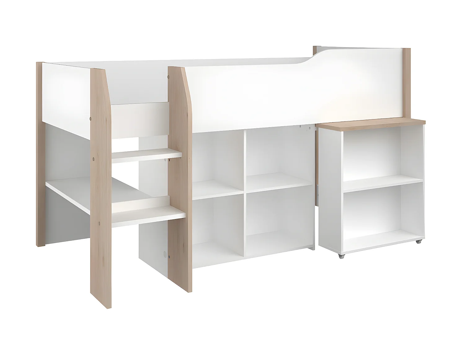 Lit combiné MARIA - Avec bureau et rangements - 90 x 200 cm - Coloris : blanc et chêne + matelas