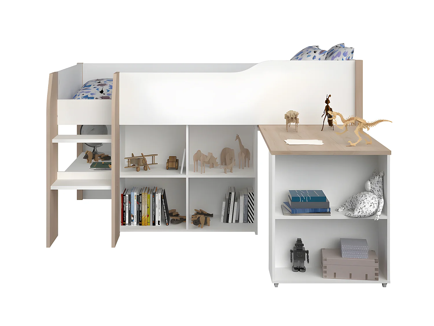 Lit combiné MARIA - Avec bureau et rangements - 90 x 200 cm - Coloris : blanc et chêne + matelas