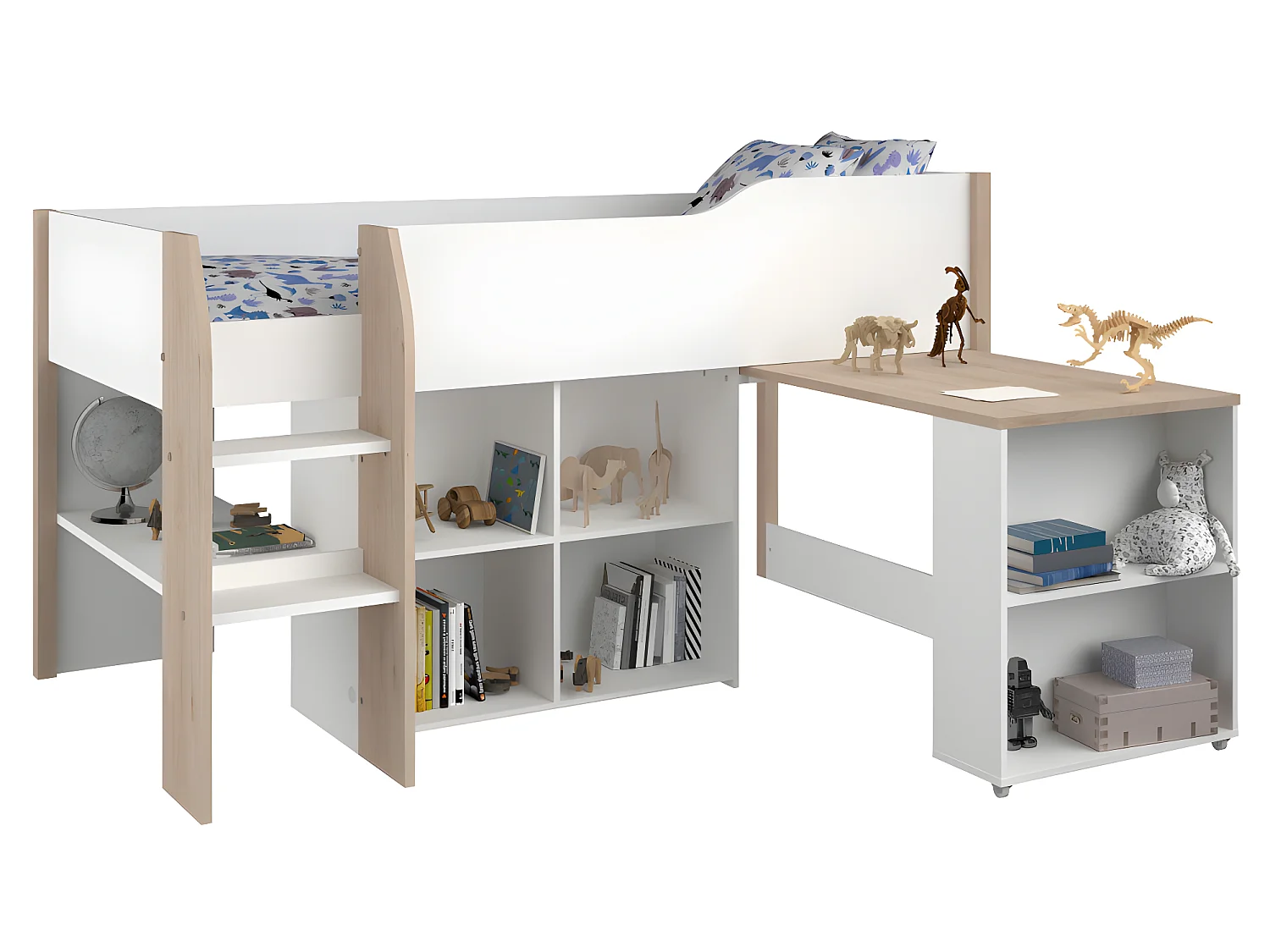 Lit combiné MARIA - Avec bureau et rangements - 90 x 200 cm - Coloris : blanc et chêne + matelas