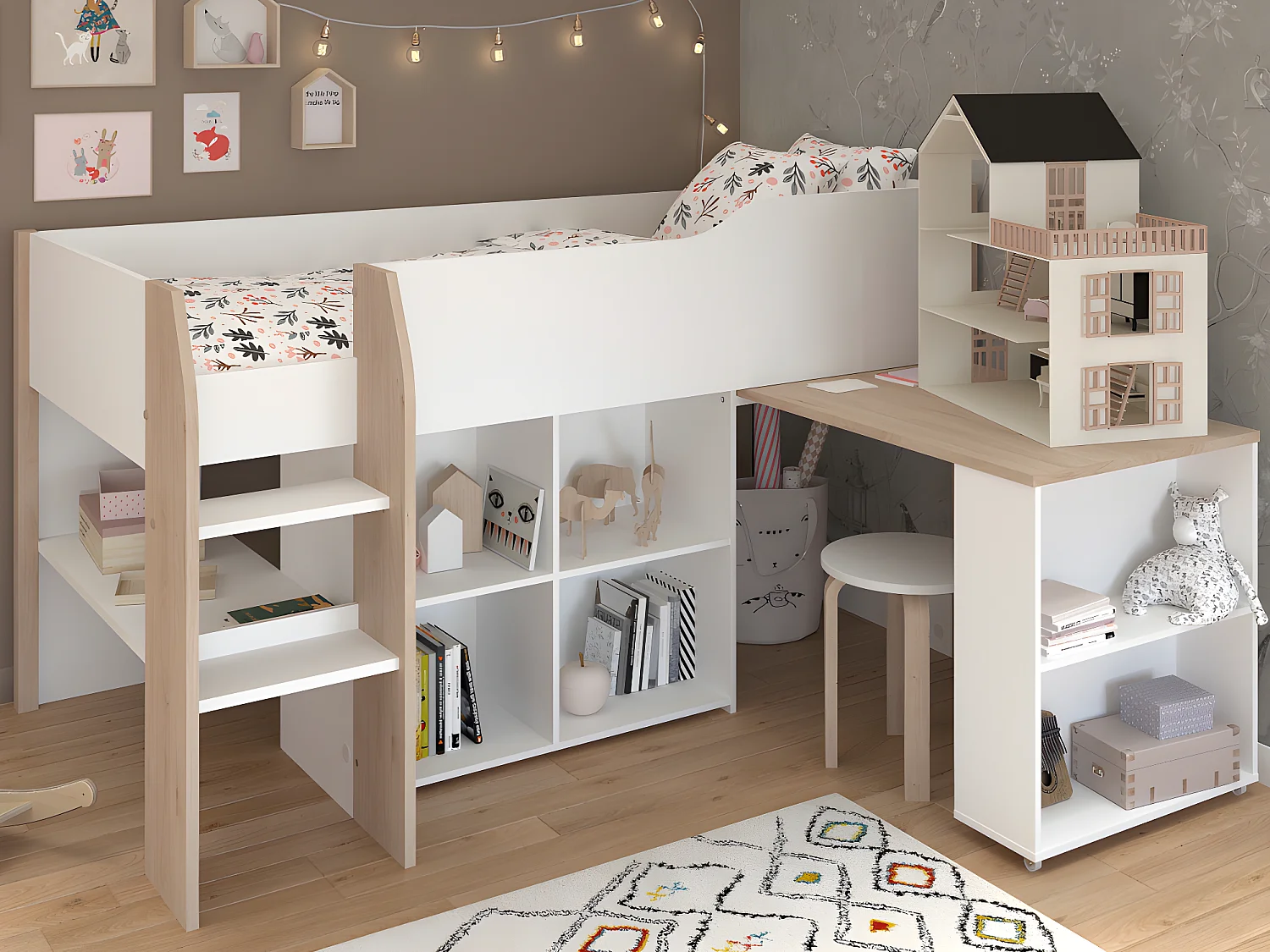 Lit combiné MARIA - Avec bureau et rangements - 90 x 200 cm - Coloris : blanc et chêne + matelas