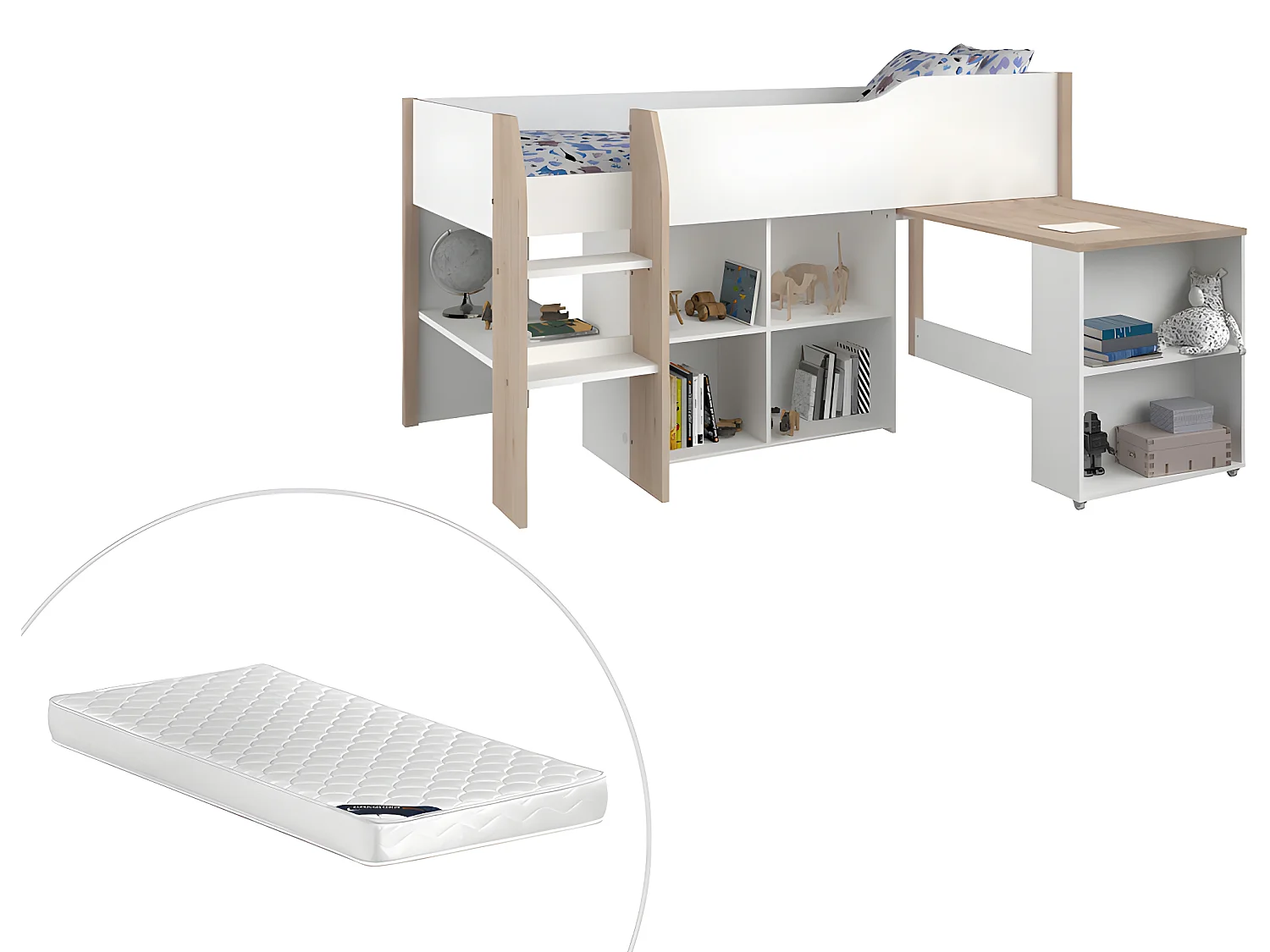Lit combiné MARIA - Avec bureau et rangements - 90 x 200 cm - Coloris : blanc et chêne + matelas