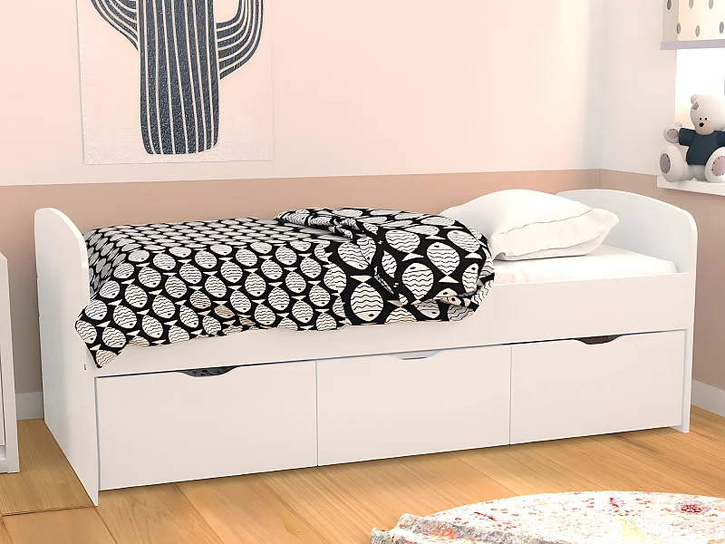 Bed LOUANE met 2 lades en 1 opbergkoffer - 90x190cm - Wit + matras