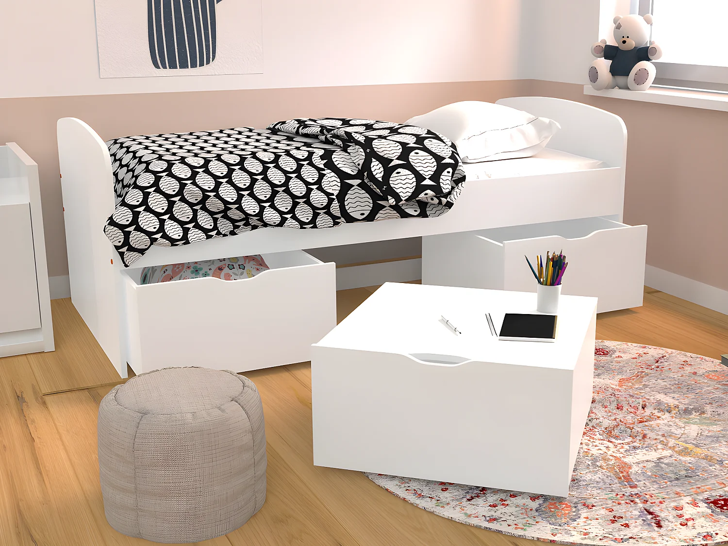 Lit LOUANE avec 2 tiroirs et 1 coffre de rangement - 90 x 190 cm - Blanc + Matelas