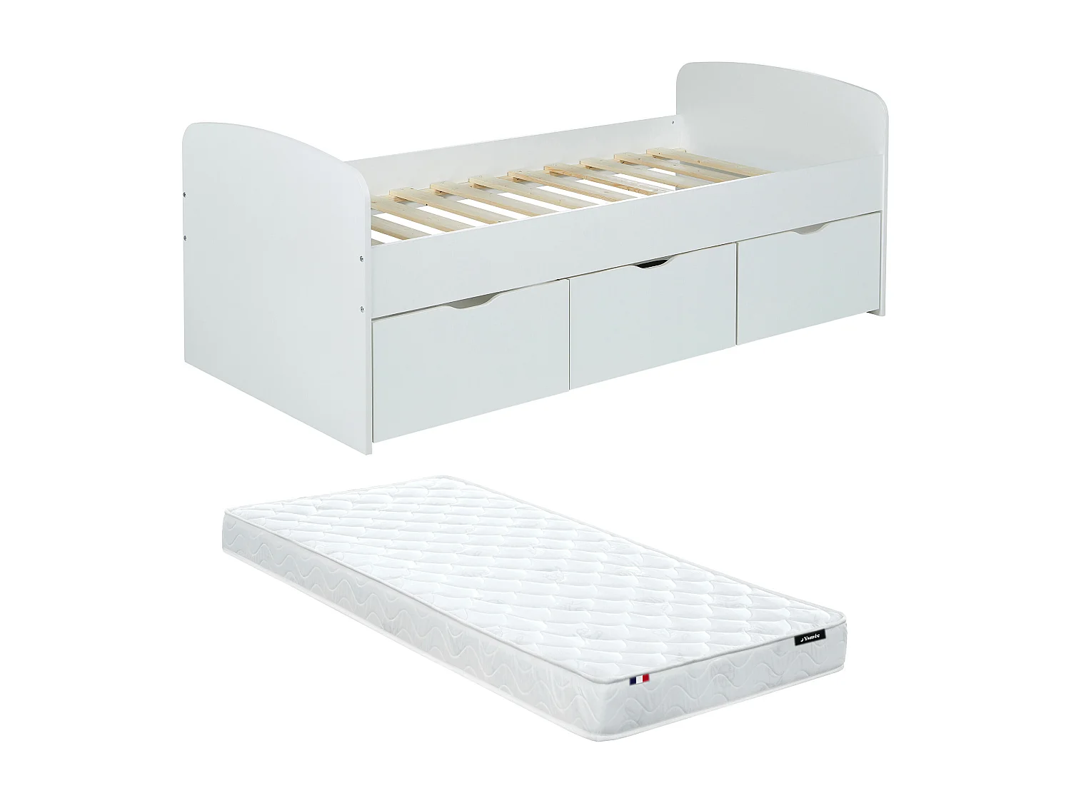 Lit LOUANE avec 2 tiroirs et 1 coffre de rangement - 90 x 190 cm - Blanc + Matelas