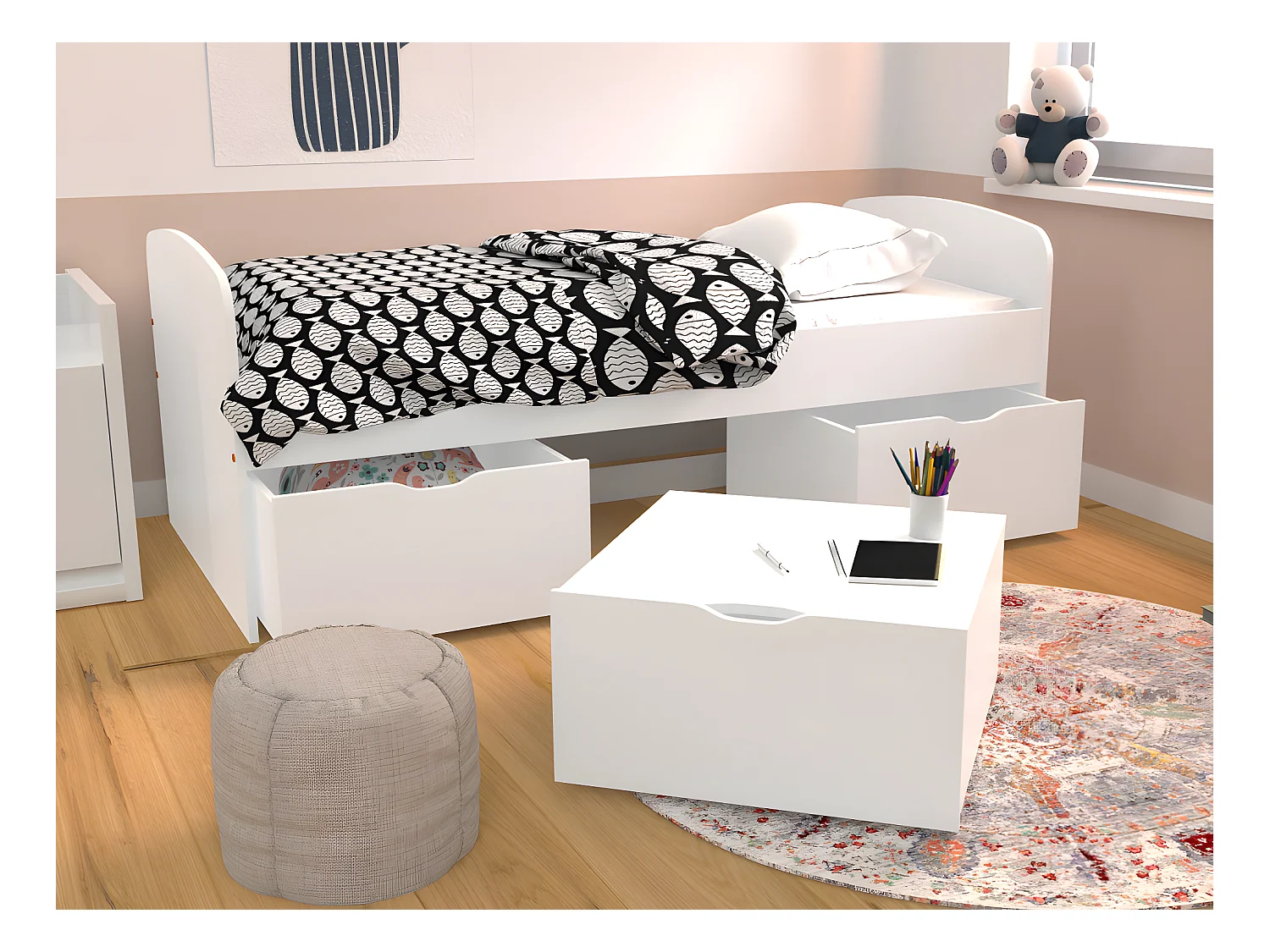 Cama LOUANE con 2 cajones y 1 arcón - 90 x 190 cm - Blanco + Colchón