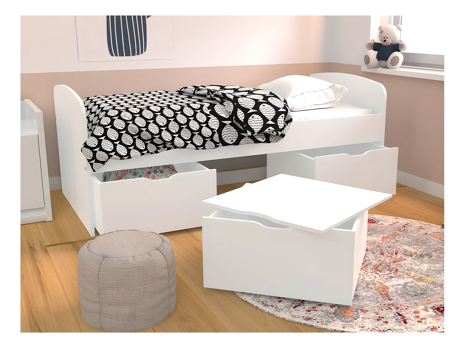 Cama LOUANE con 2 cajones y 1 arcón - 90 x 190 cm - Blanco + Colchón