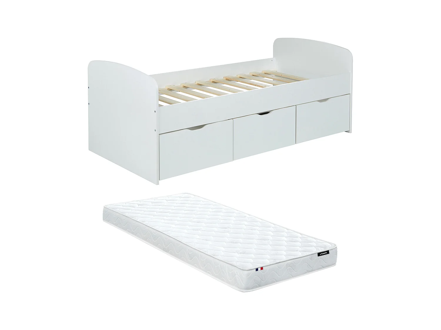 Cama LOUANE con 2 cajones y 1 arcón - 90 x 190 cm - Blanco + Colchón