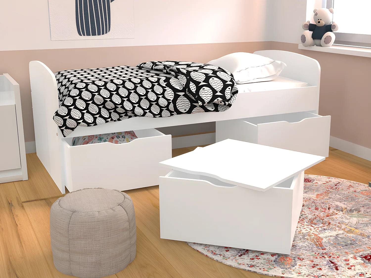 Cama com 2 gavetas e 1 espaço de arrumação de 90 x 190 cm em branco + Colchão - LOUANE