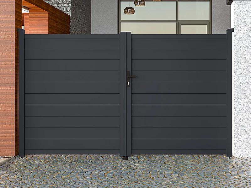 Gartentor Flügeltor Doppeltor mit Torantrieb - 305 x 181 cm - voll - Aluminium - Anthrazit - NAZARIO