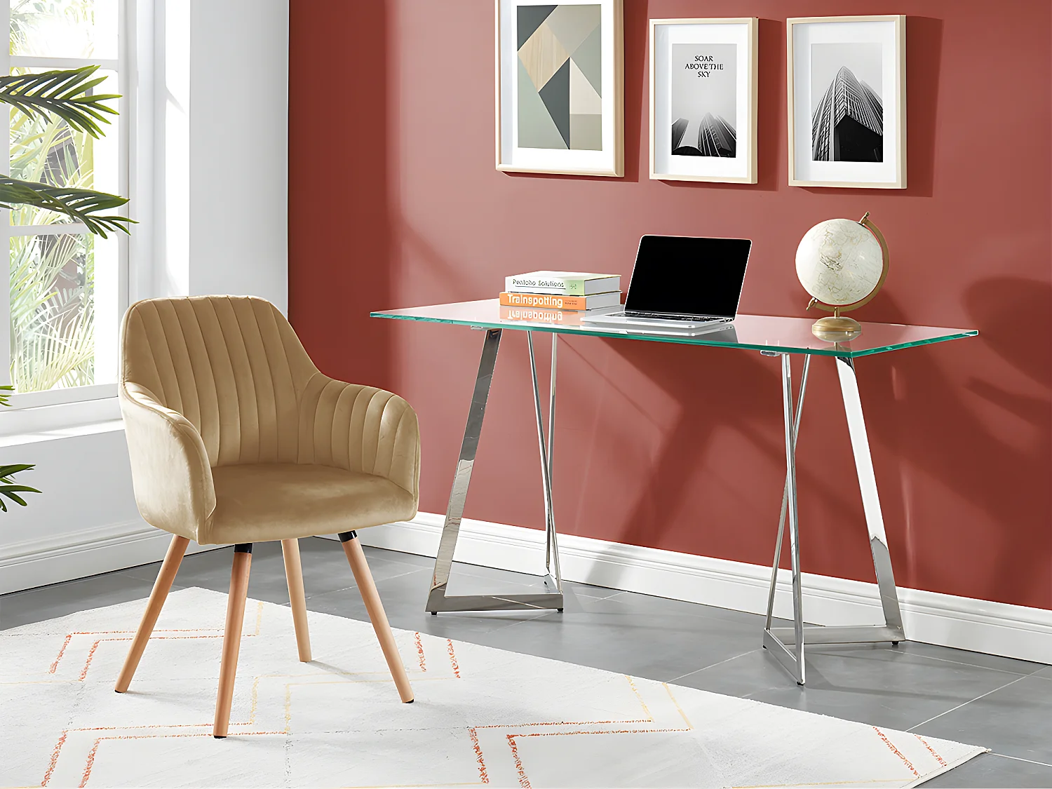 Chaise avec accoudoirs en velours et pieds bois de hêtre - Beige - ELEANA