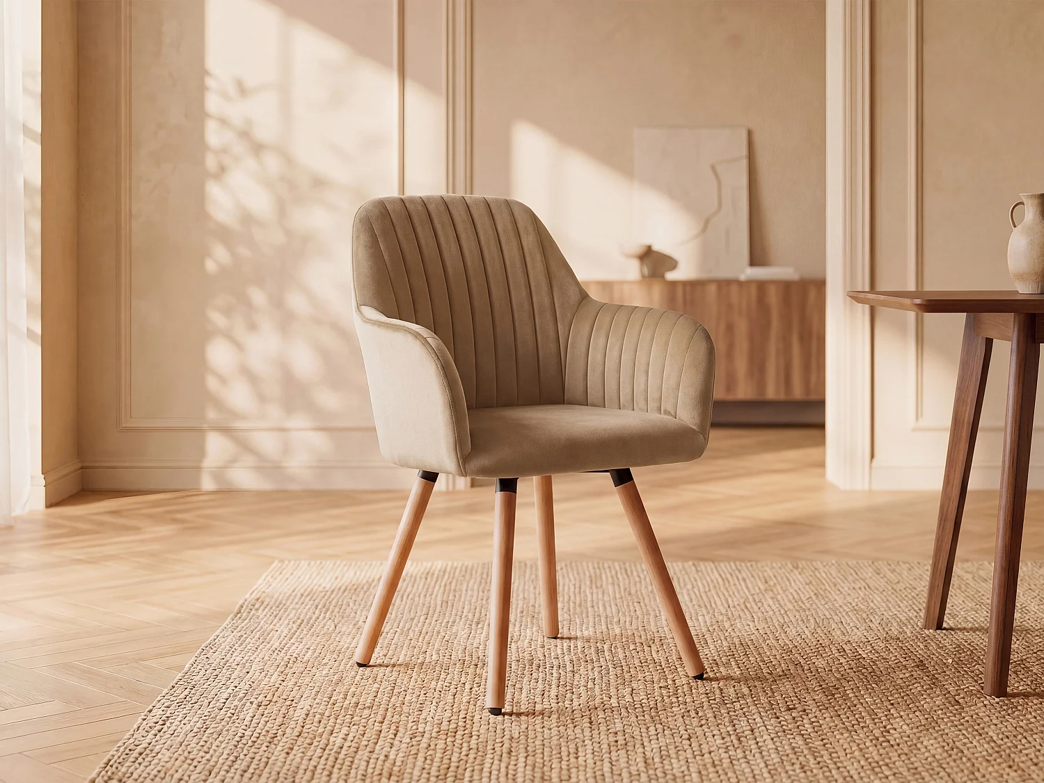 Chaise avec accoudoirs en velours et pieds bois de hêtre - Beige - ELEANA