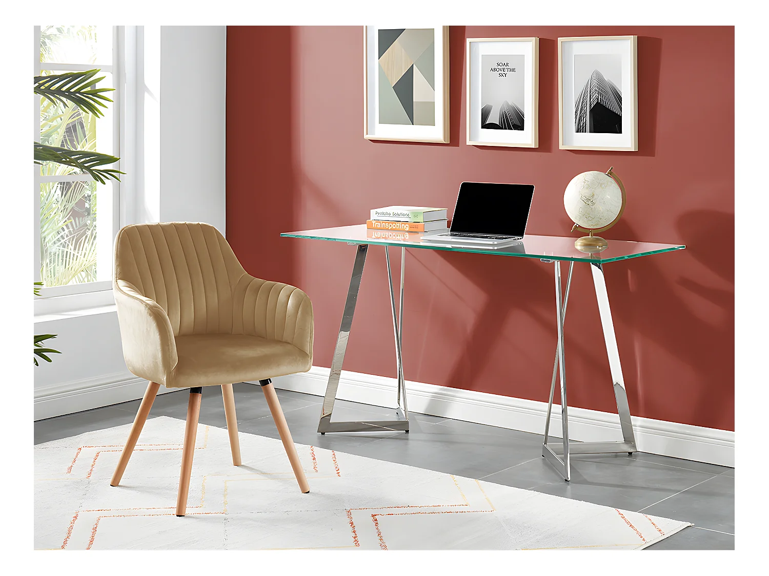 Lot de 2 chaises avec accoudoirs en velours et pieds bois de hêtre - Beige - ELEANA