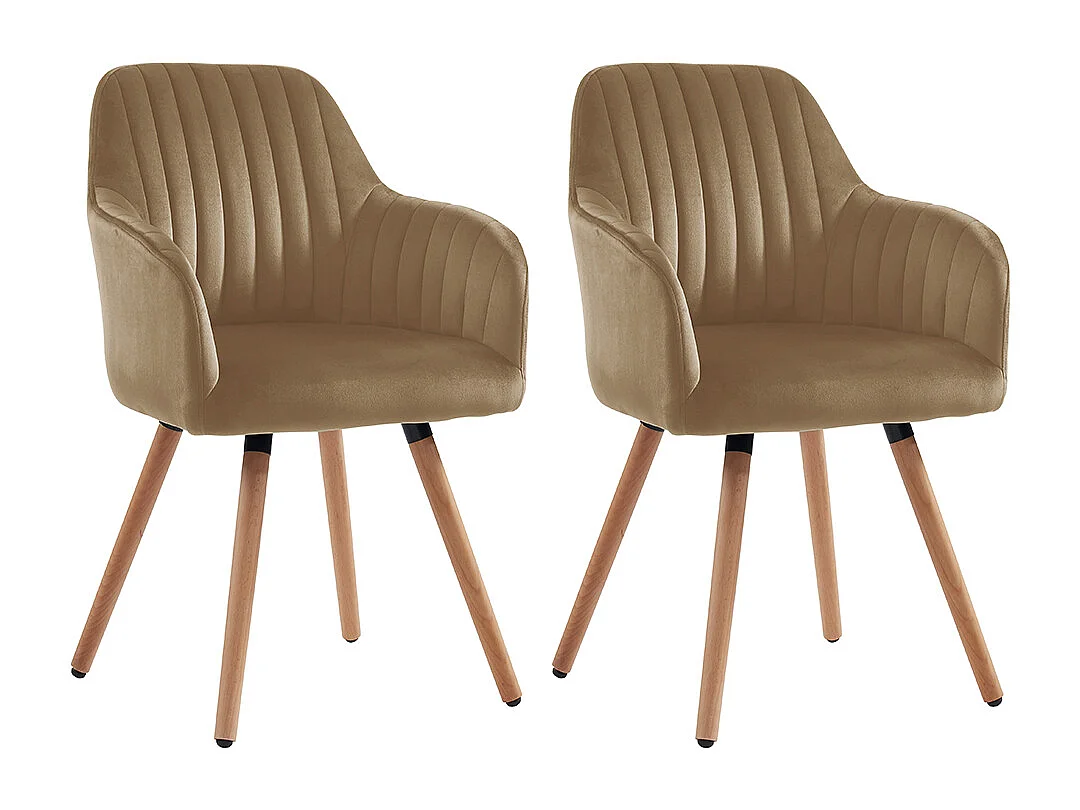 Set med 2 stolar med armstöd i sammet och bokträben - Beige - ELEANA
