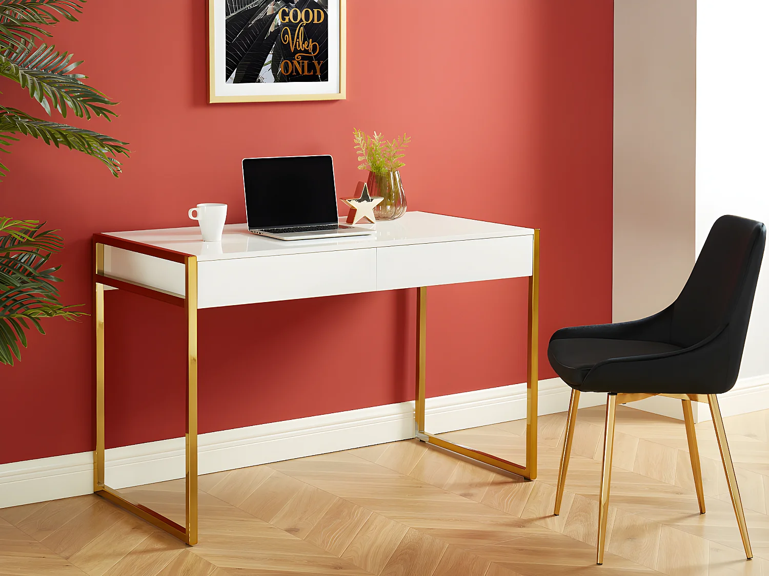 Bureau avec 2 tiroirs - MDF laqué et métal - Blanc et doré - MASON