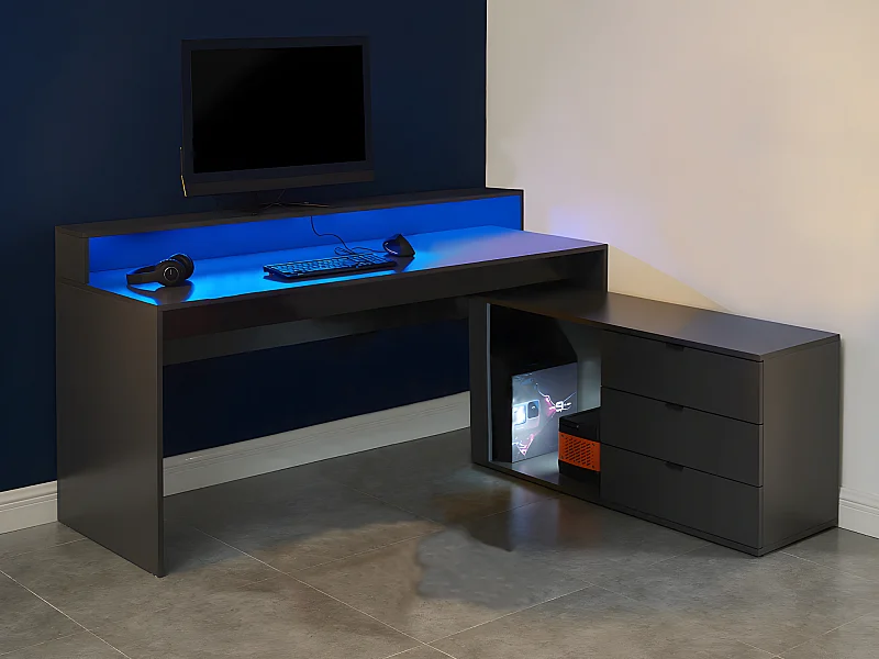 Bureau d'angle gamer NEHA - Avec rangements et LEDs - MDF - Gris