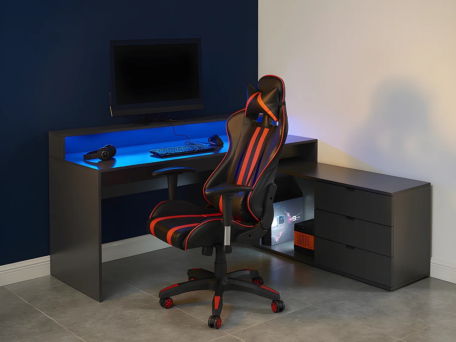 Bureau d'angle gamer NEHA - Avec rangements et LEDs - MDF - Gris