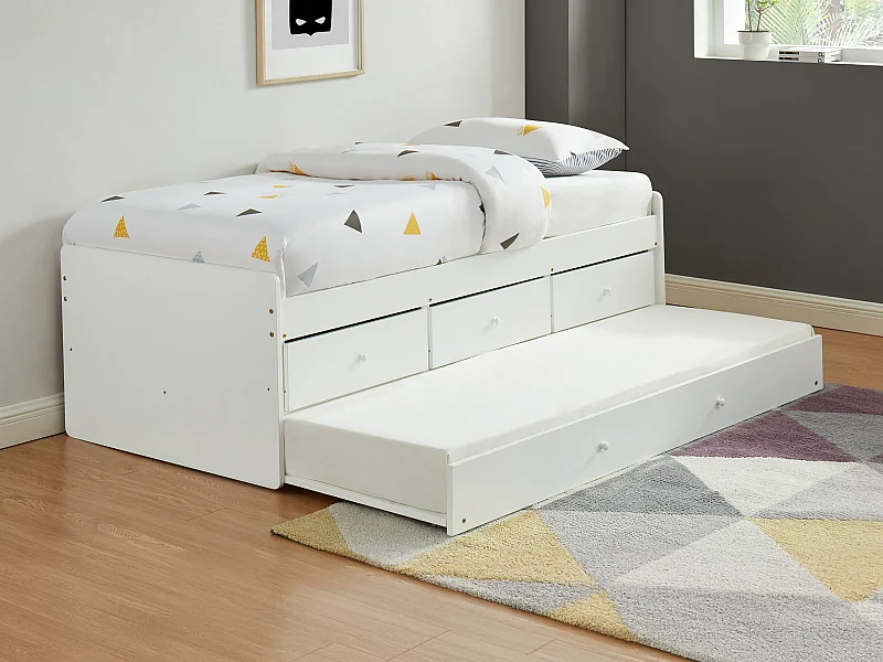 Lit gigogne TITOUAN avec 3 tiroirs - 90 x 190 cm - MDF et Pin - Blanc + Matelas