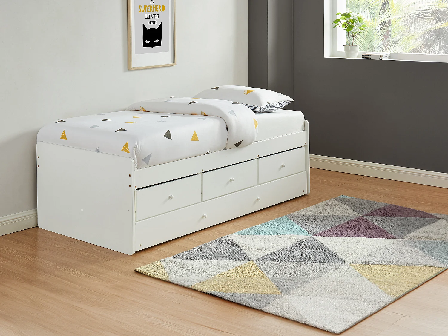 Lit gigogne TITOUAN avec 3 tiroirs - 90 x 190 cm - MDF et Pin - Blanc + Matelas
