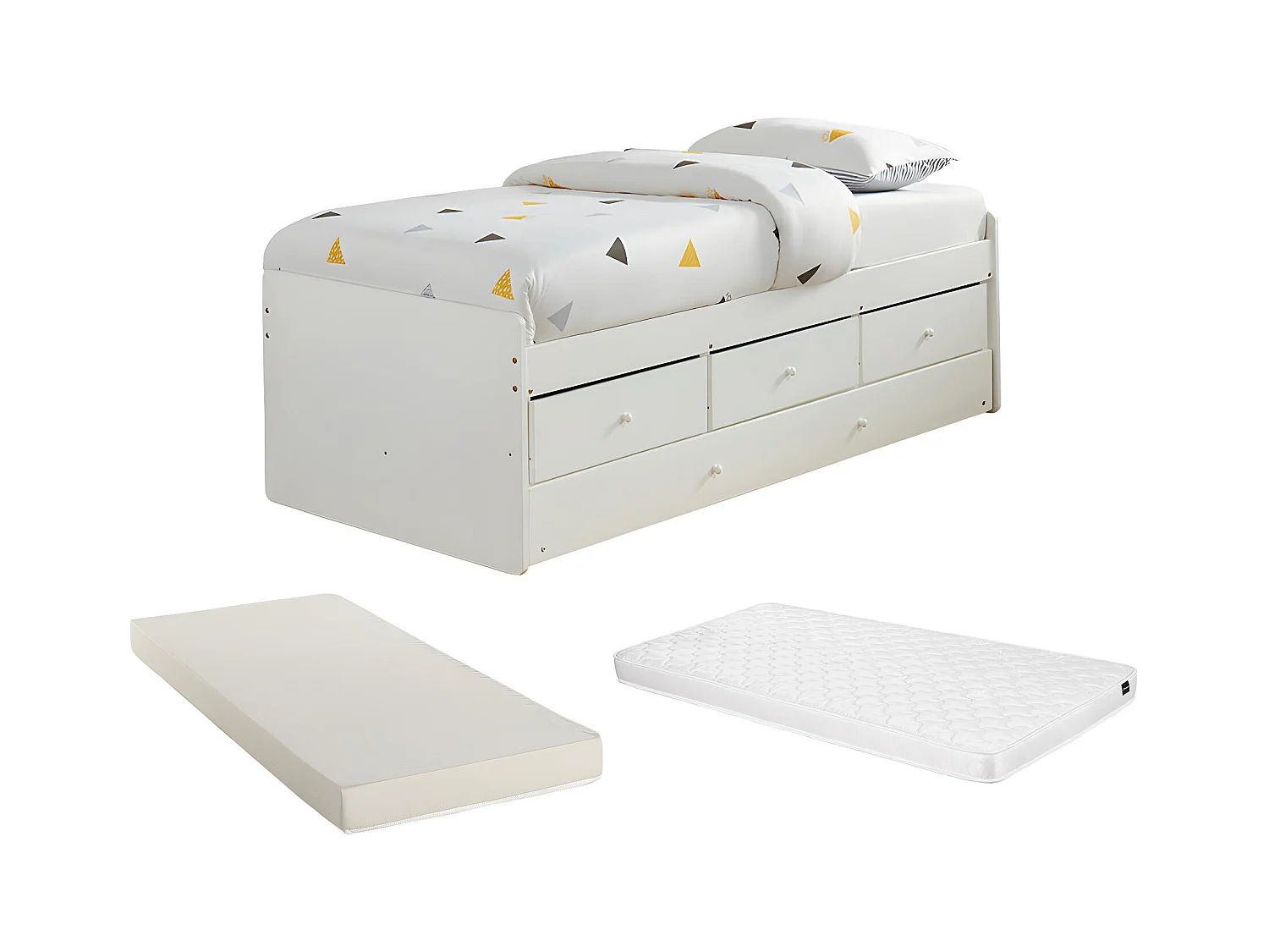 Cama nido TITOUAN con 3 cajones - 90 x 190 cm - MDF y Pino - Blanco + Colchón