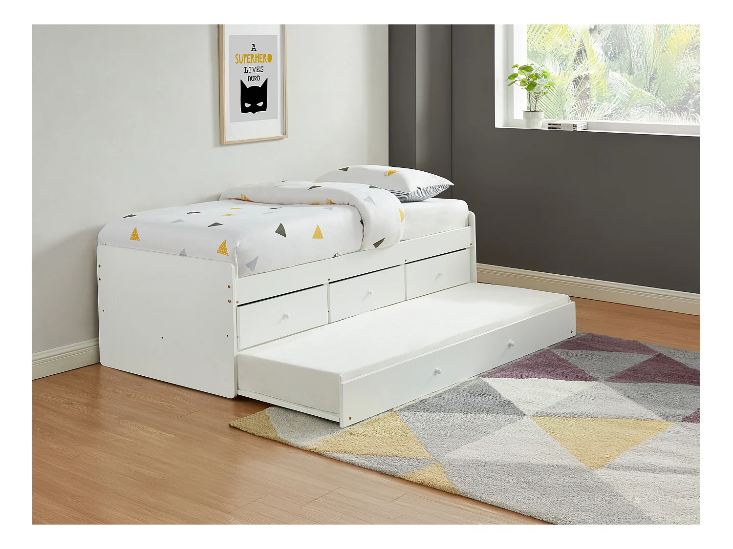 Cama nido TITOUAN con 3 cajones - 90 x 190 cm - MDF y Pino - Blanco + Colchón