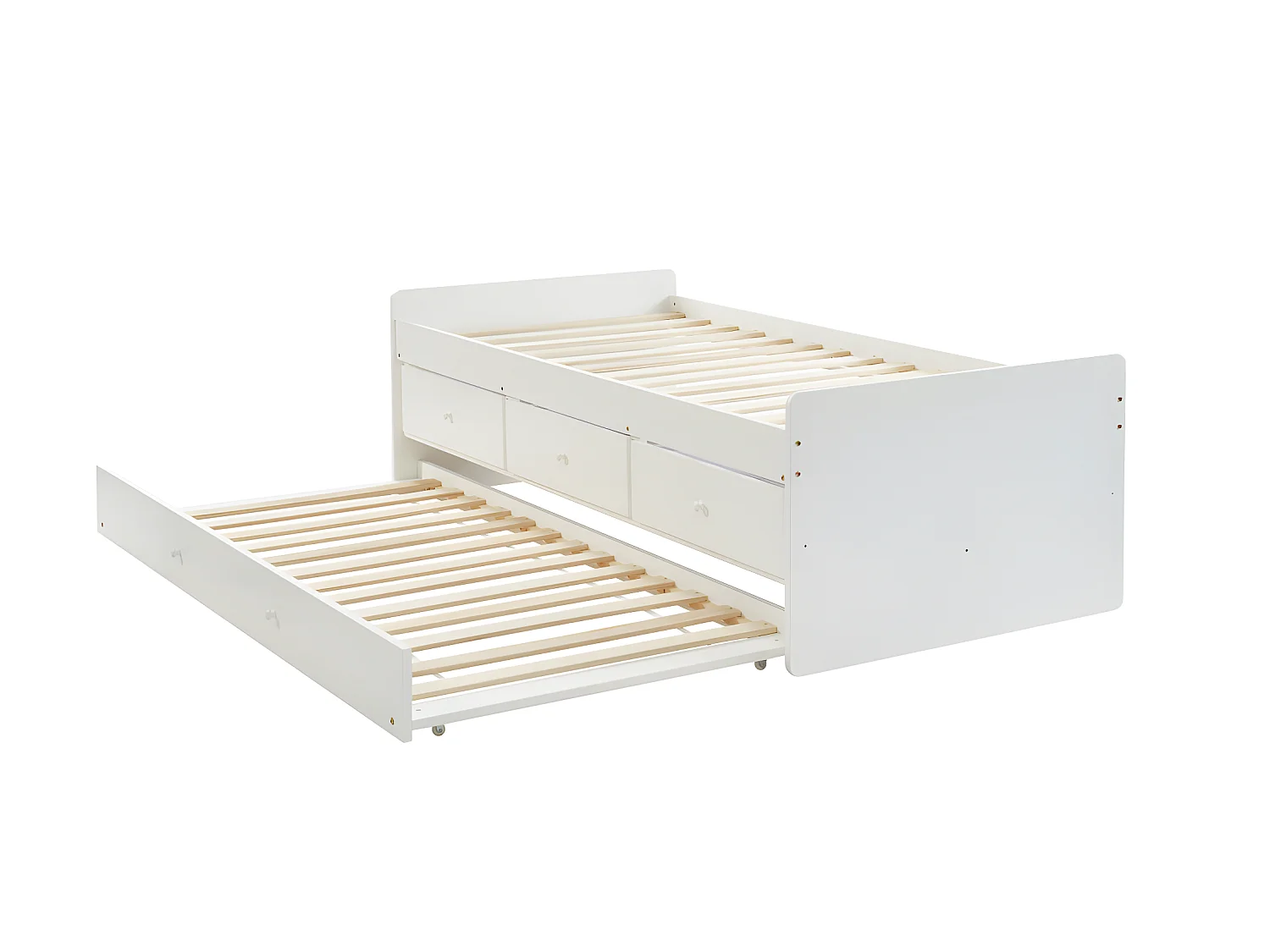 Cama nido TITOUAN con 3 cajones - 90 x 190 cm - MDF y Pino - Blanco + Colchón