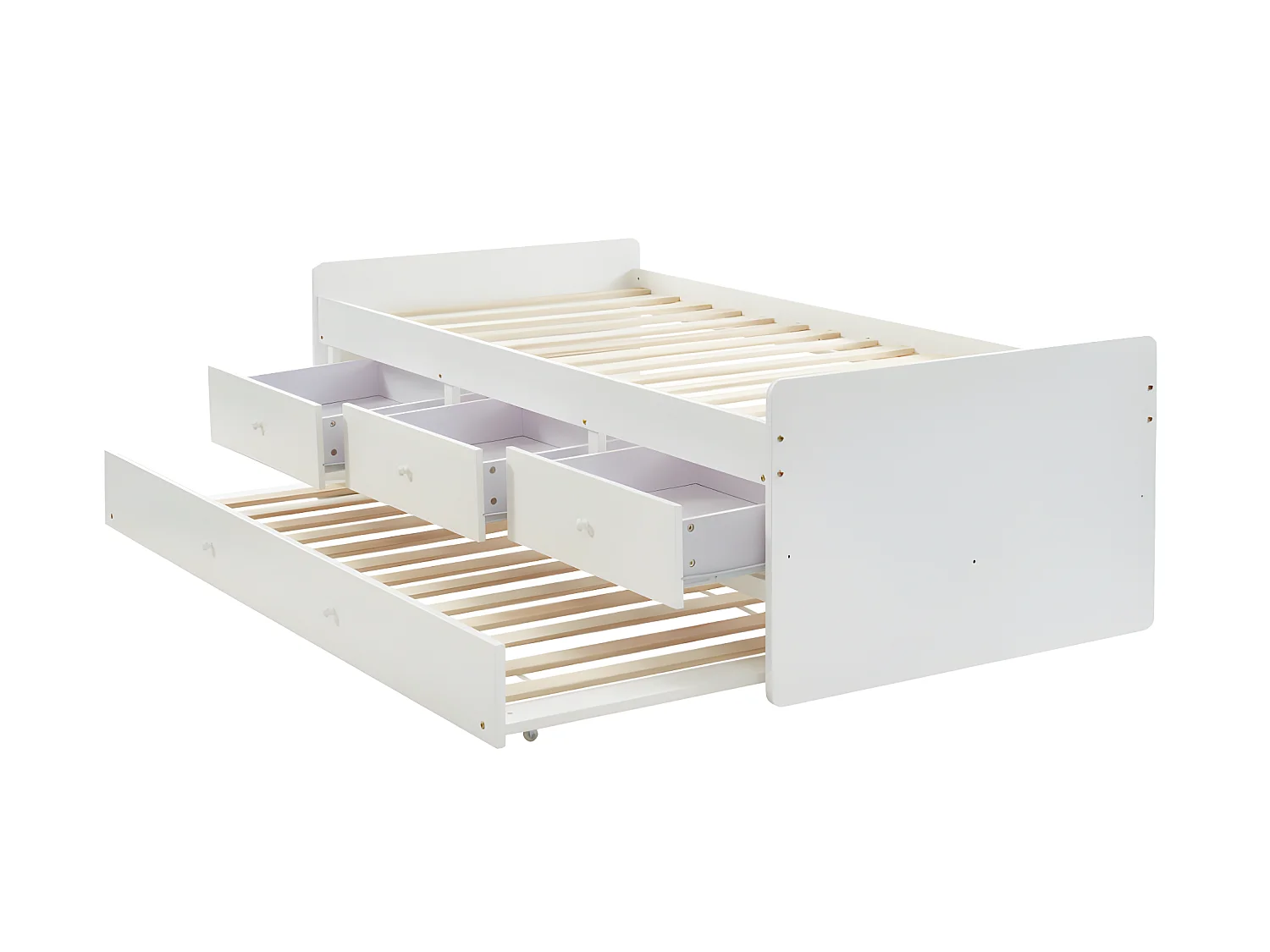 Cama nido TITOUAN con 3 cajones - 90 x 190 cm - MDF y Pino - Blanco + Colchón
