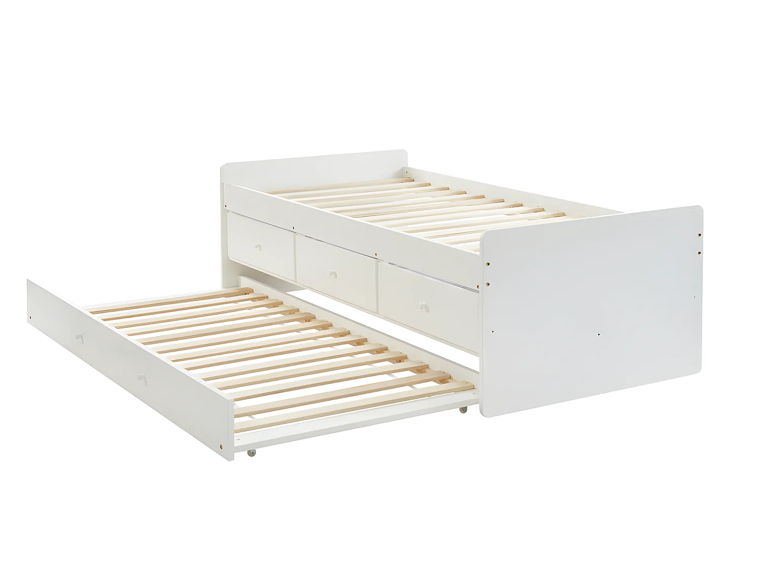 Uitschuifbed TITOUAN met 3 lades - MDF en dennenhout - Wit + Matras