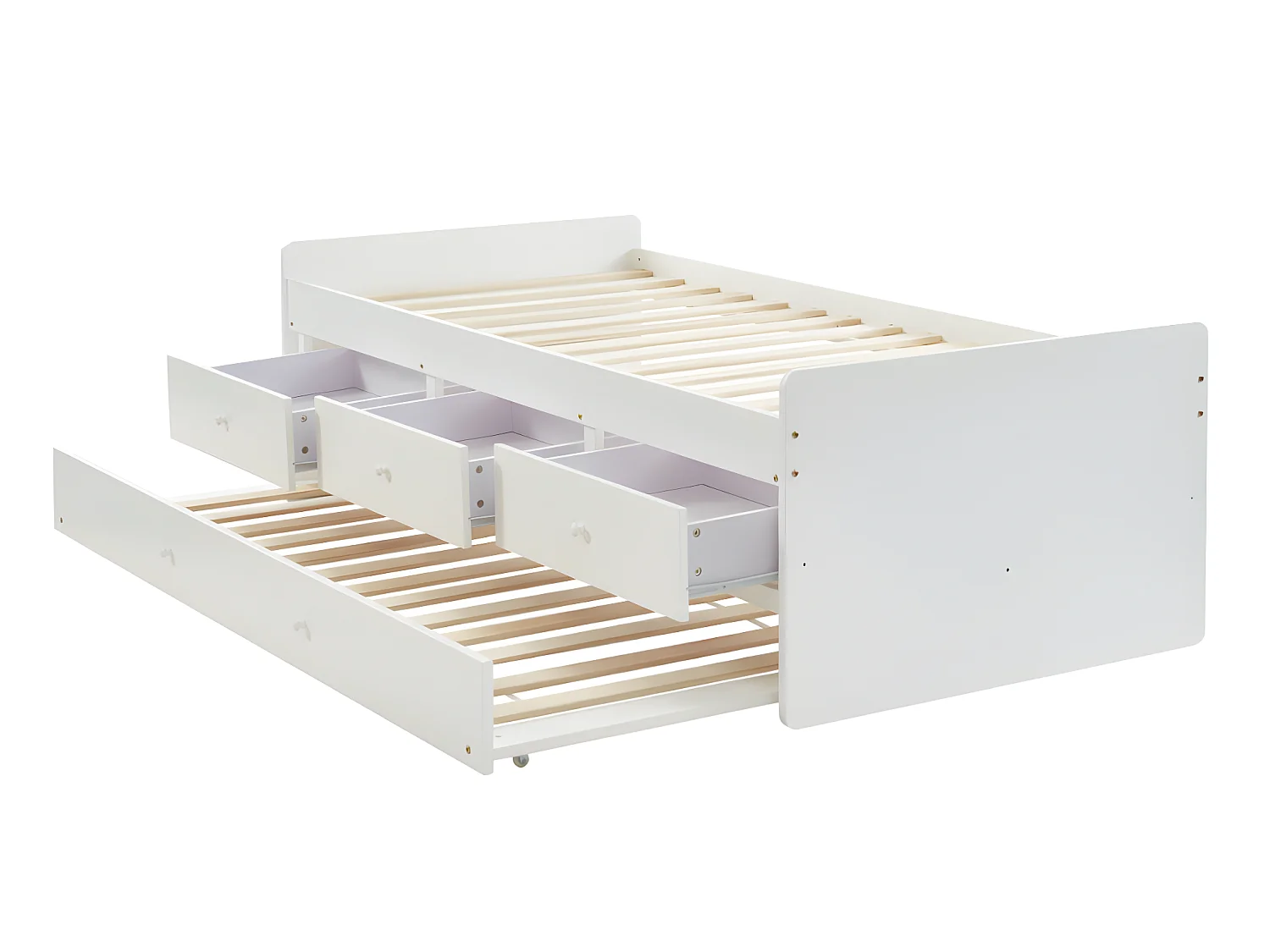 Uitschuifbed TITOUAN met 3 lades - MDF en dennenhout - Wit + Matras