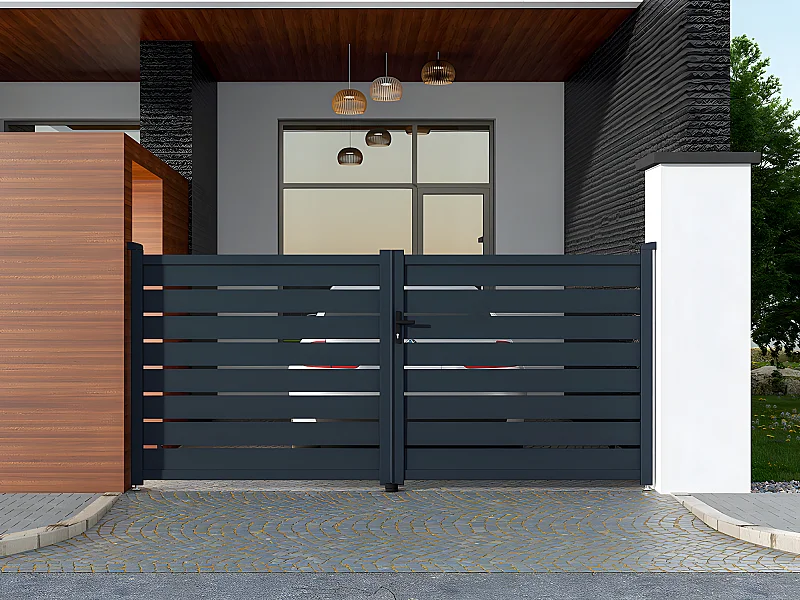 Portail électrique battant aluminium ajouré L355 x H166 cm anthracite - PRIMO