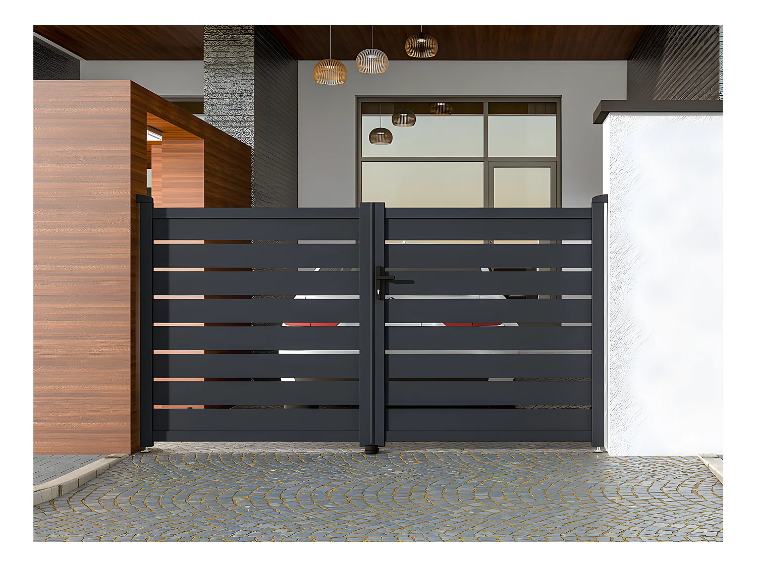 Gartentor Flügeltor Doppeltor mit Torantrieb - durchbrochen - Aluminium - 355 x 166 cm - Anthrazit - PRIMO