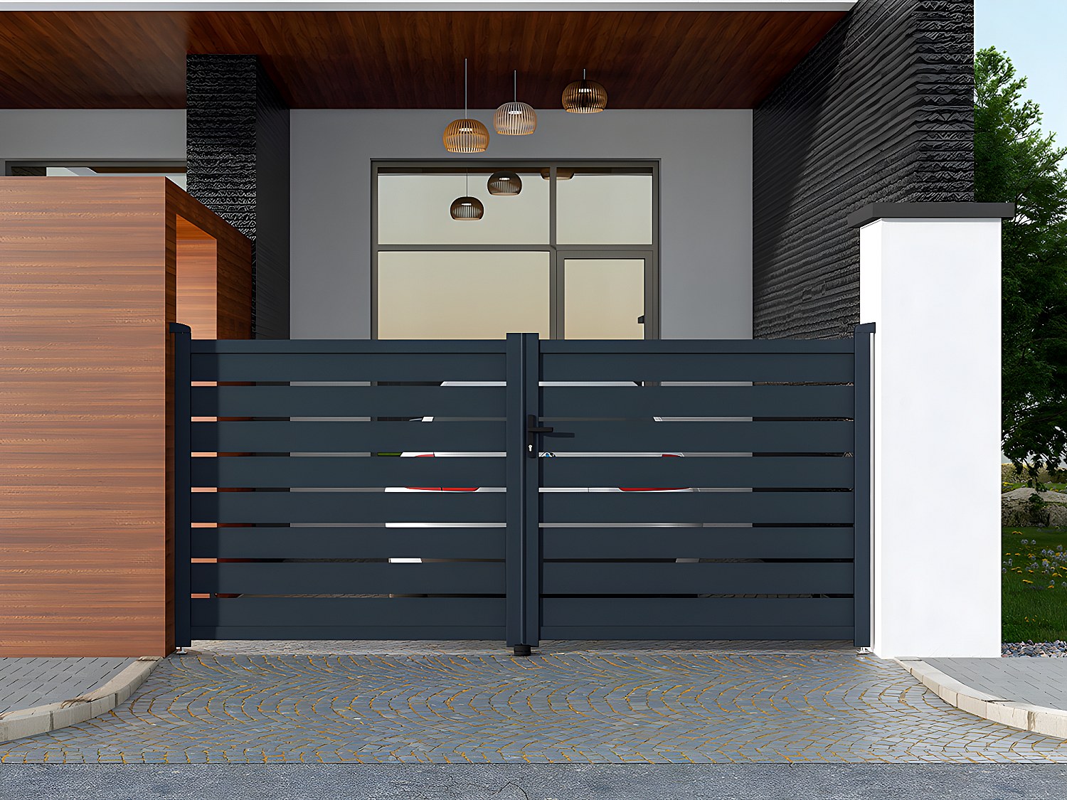 Vente-unique Gartentor Flügeltor Doppeltor Mit Torantrieb - Durchbrochen - Aluminium - 355 X 166 Cm - Anthrazit - Primo